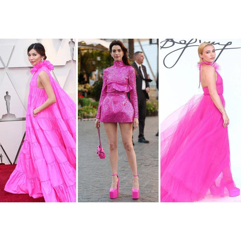 Anne Hathaway, Gemma Chan, Florence Pugh wearing fuchsia pink Barbie inspired dresses