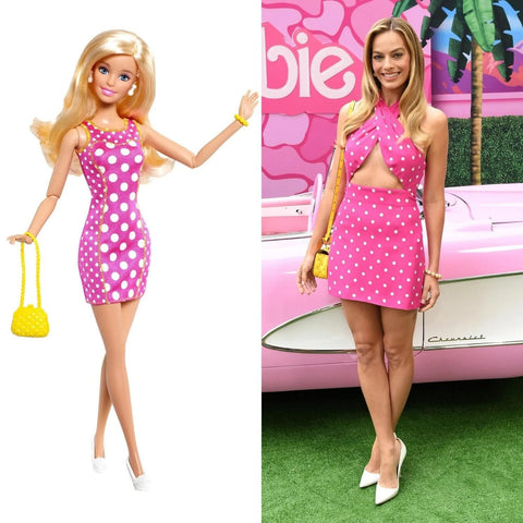 Margot Robbie wearing pink polka dot dress and the barbie doll wearing a pink polka dot dress that was the inspiration for the look