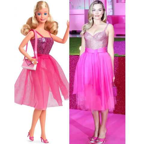 The “Day to Night” Barbie doll, released in 1985, and Margot Robbie wearing an inspired version, a Versace pencil skirt and blazer, which morphed into a sequined pink bodice and tulle skirt.
