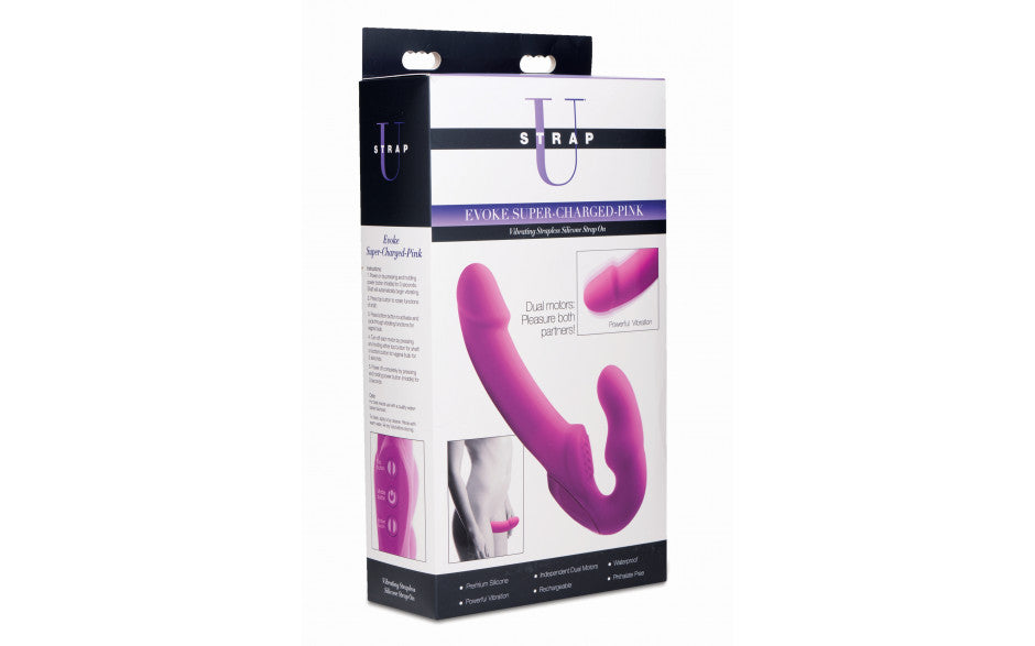 STRAP U Evoke Rechargeable Vibrating Silicone Strapless Strap On - Black $169AUD Duchess and Daisy Australia. FREE SHIPPING Ensure the satisfaction of both you and your lover with an elegant strapless strap-on that vibrates! This rechargeable pleasure tool features dual motors with independent