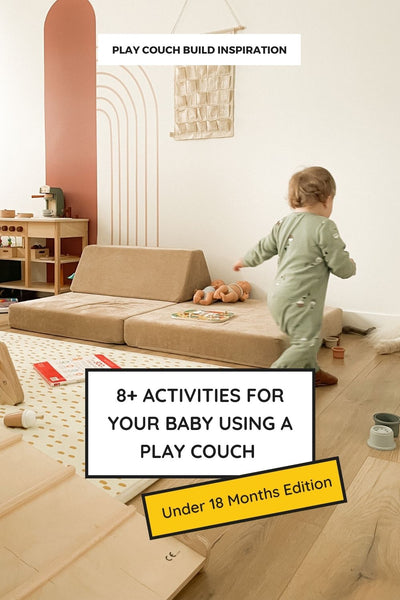 Image showing a playroom with a young toddler walking towards their play couch with the title 8 activities for your baby using a play couch