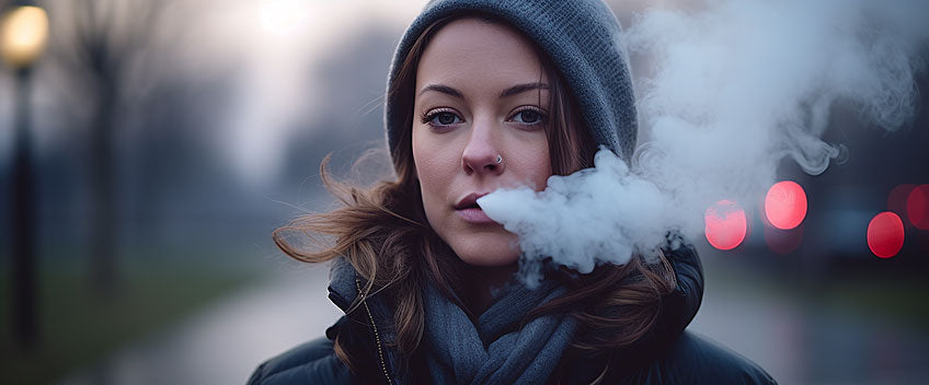 woman smoking cbd vape with hat and scarf