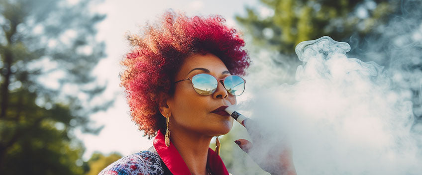 woman with red hair smoking cbd vape