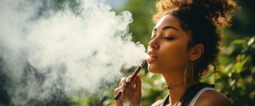 woman exhaling smoke from cbd vape