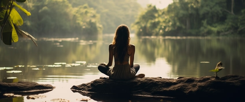 cbd oil woman meditating by the lake