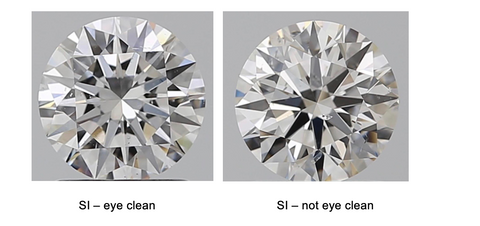 A magnified diamond of SI clarity that is eye clean next to a diamond of SI clarity that is not eye clean