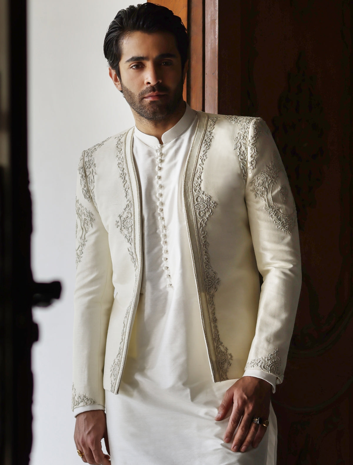 OFF-WHITE HAND EMBROIDERED PRINCE COAT-S – Ismail Farid Pakistan
