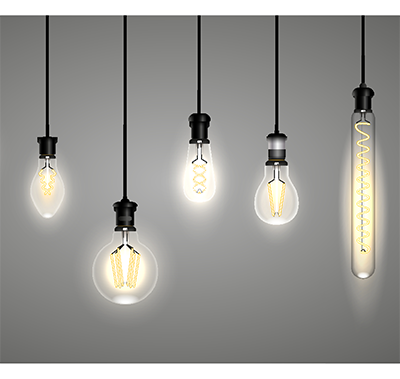 5 hanging lightbulbs on a gray backaround