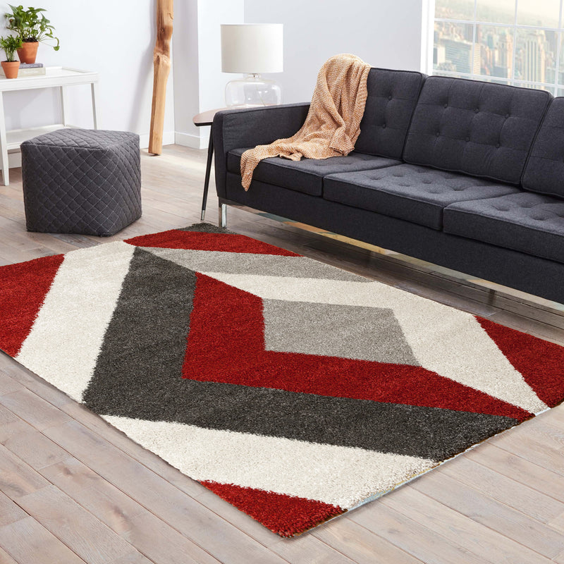 Rhombus-Modern Thick Rug with a Rhombus Pattern-Red, Cream, Grey