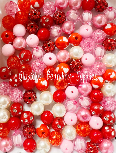 Red, Pink & White 12mm Chunky Bulk Bead Mix, 100 12mm Bulk Bead Mix,  Valentine's 12mm Mini Chunky Beads, 12mm Beads, Wholesale Beads