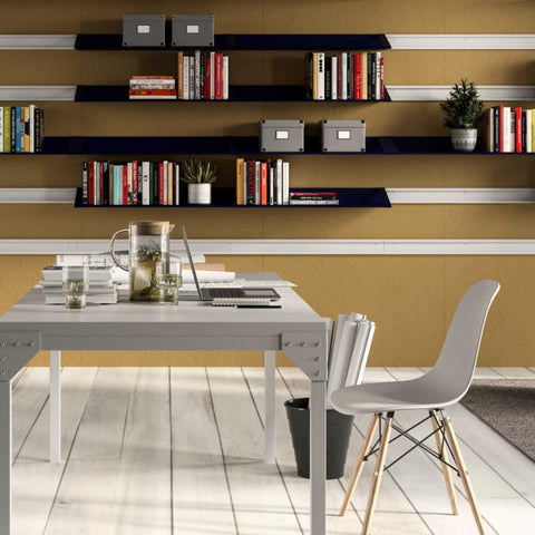 studio moderno con tavolo ATOLLO 1400x900 bianco in metallo e parete modulare ORIZZONTE