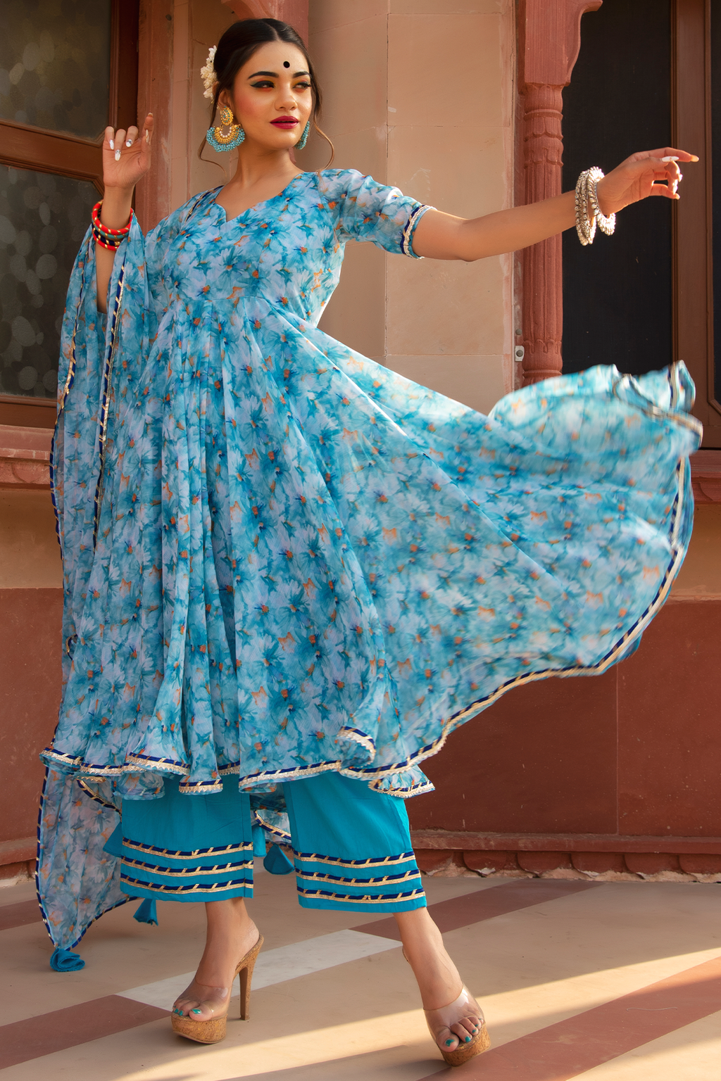 Blue Cotton Anarkali Suit Set Indian Dresses, Anarkali, 51% OFF