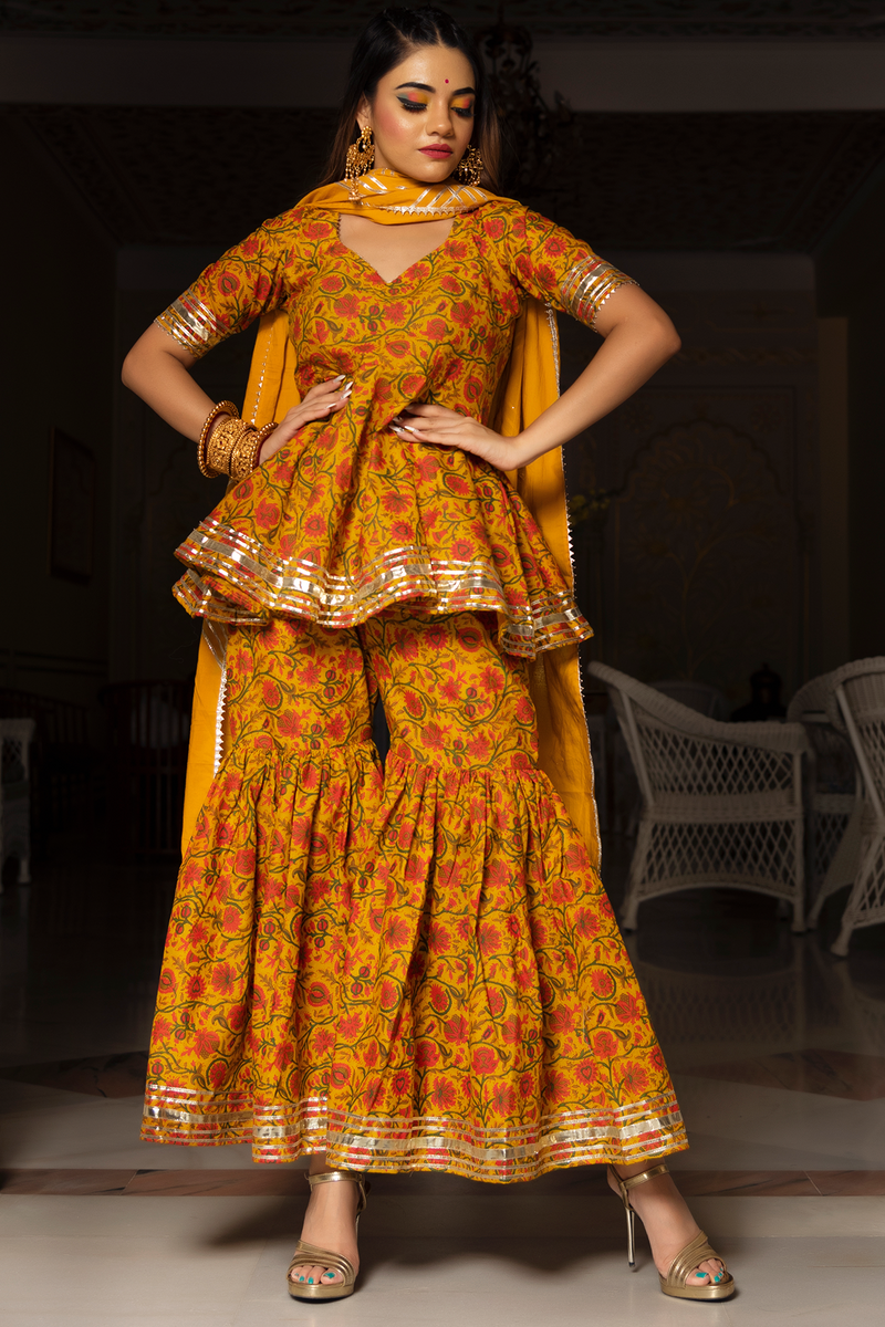 Printed Mustard Yellow Cotton Sharara Suit Set – Pomcha Jaipur