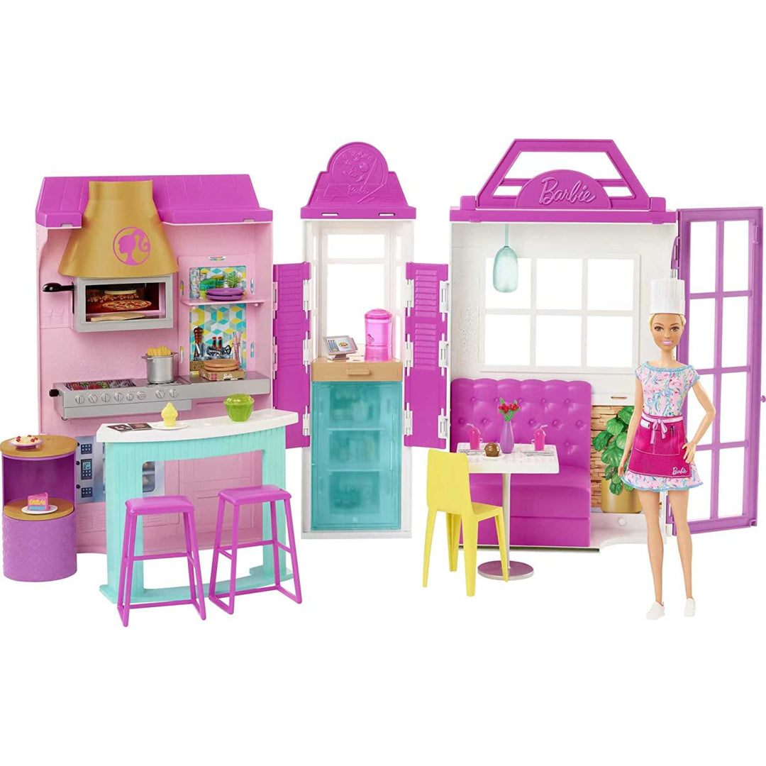 barbie cook 'n grill restaurant playset & barbie doll 30+ pieces kitchen