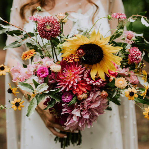 summer wedding bouquet sunflowers roses peonies pink flowers