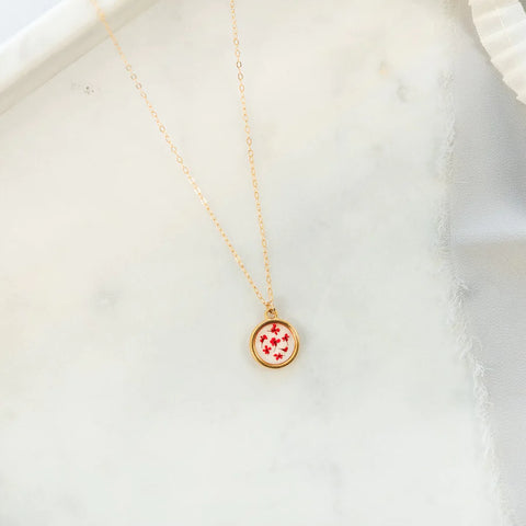 June birth flower, rose, pressed in small charm on a gold filled necklace