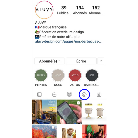 Page instagram marque aluvy avec description et indication via cercle bleu pour utiliser le filtre en réalité augmentée