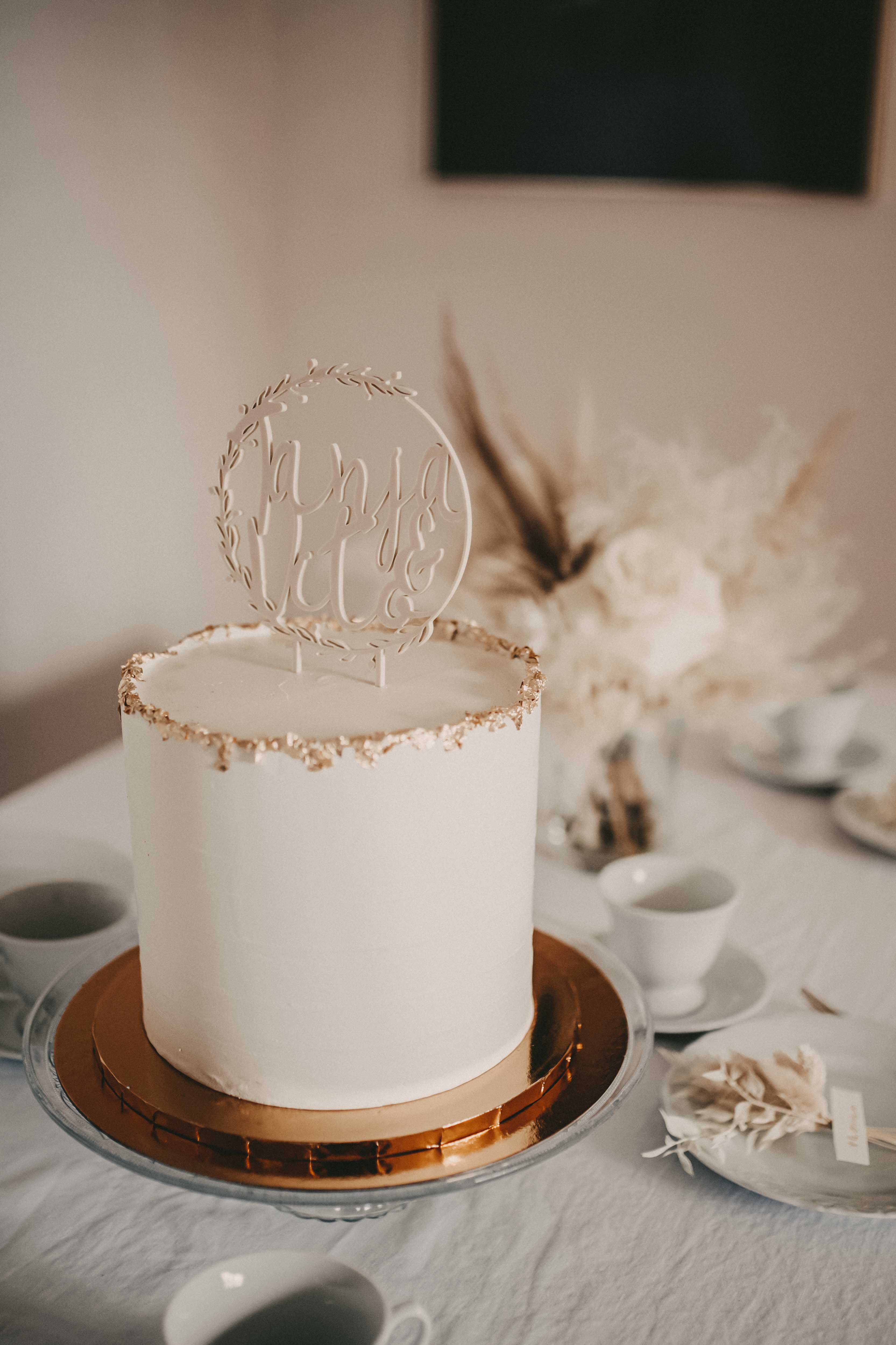 Hochzeit Caketopper Trockenblumen Weiß Gold