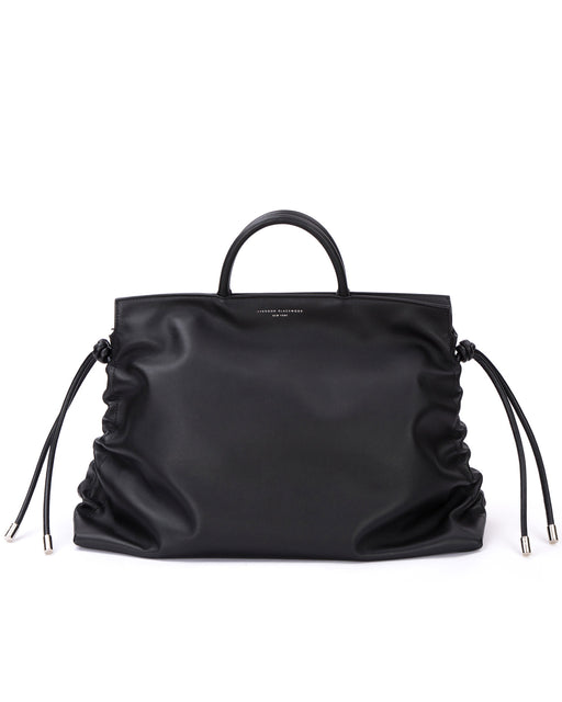 Front of Rouched Tote Bag in Smooth Black Leather with Silver Hardware