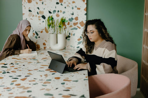 Two business women working on laptops