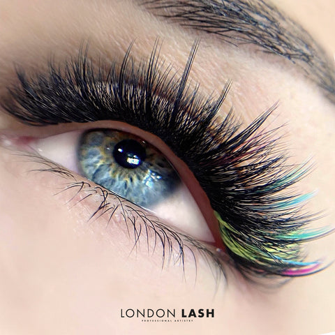 Coloured lashes with green, pink, and blue lashes