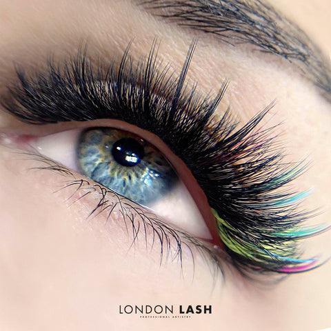 A picture of Kim K eyelash extensions with colored lashes