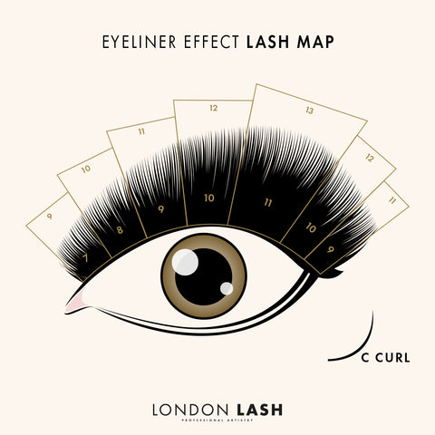 Eyeliner effect lash map which looks like a wispy cat eye hybrid lashes