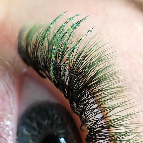 Green glitter eyelash extensions