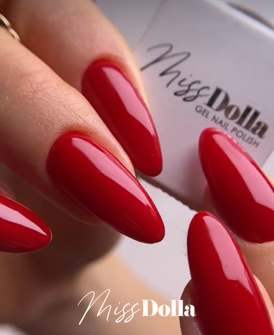 Red gel nails with Miss Dolla products