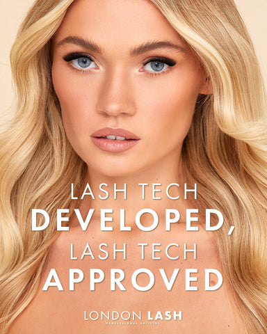 A lash model with eyelash extensions and our brand slogan