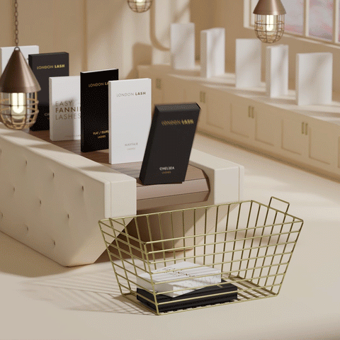 A CGI GIF showing different types of eyelash extensions boxes falling from a conveyor belt into a shopping basket