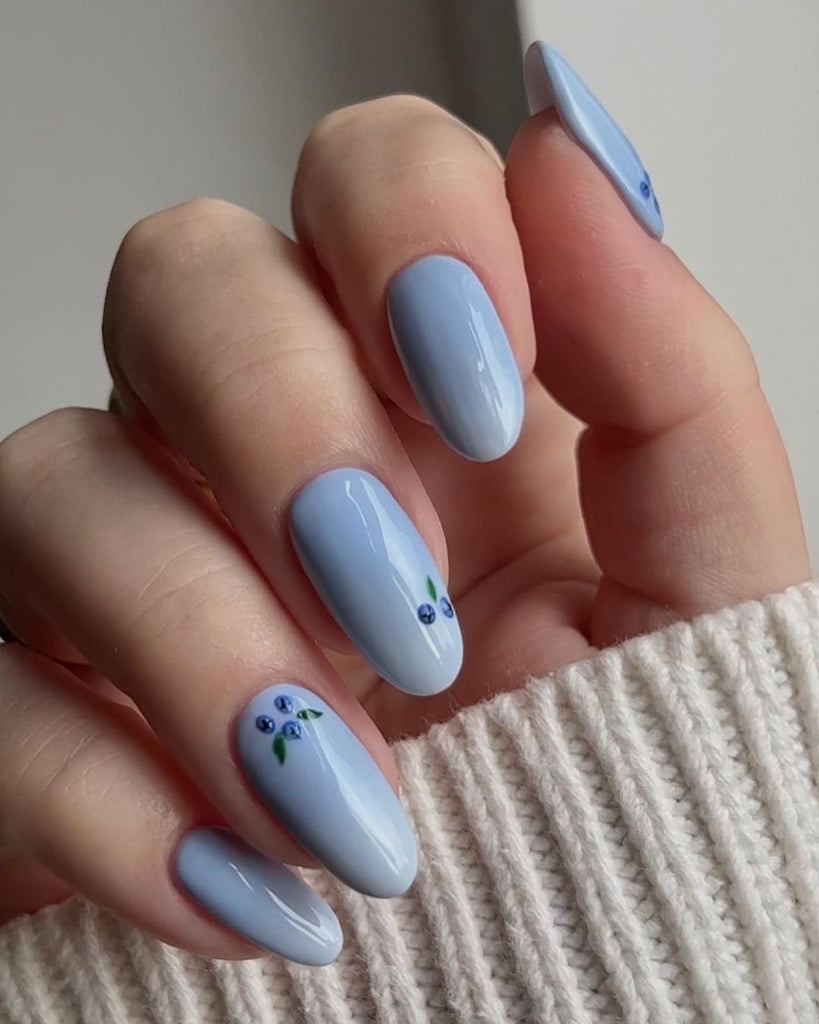 Blueberry milk nails with floral nail art