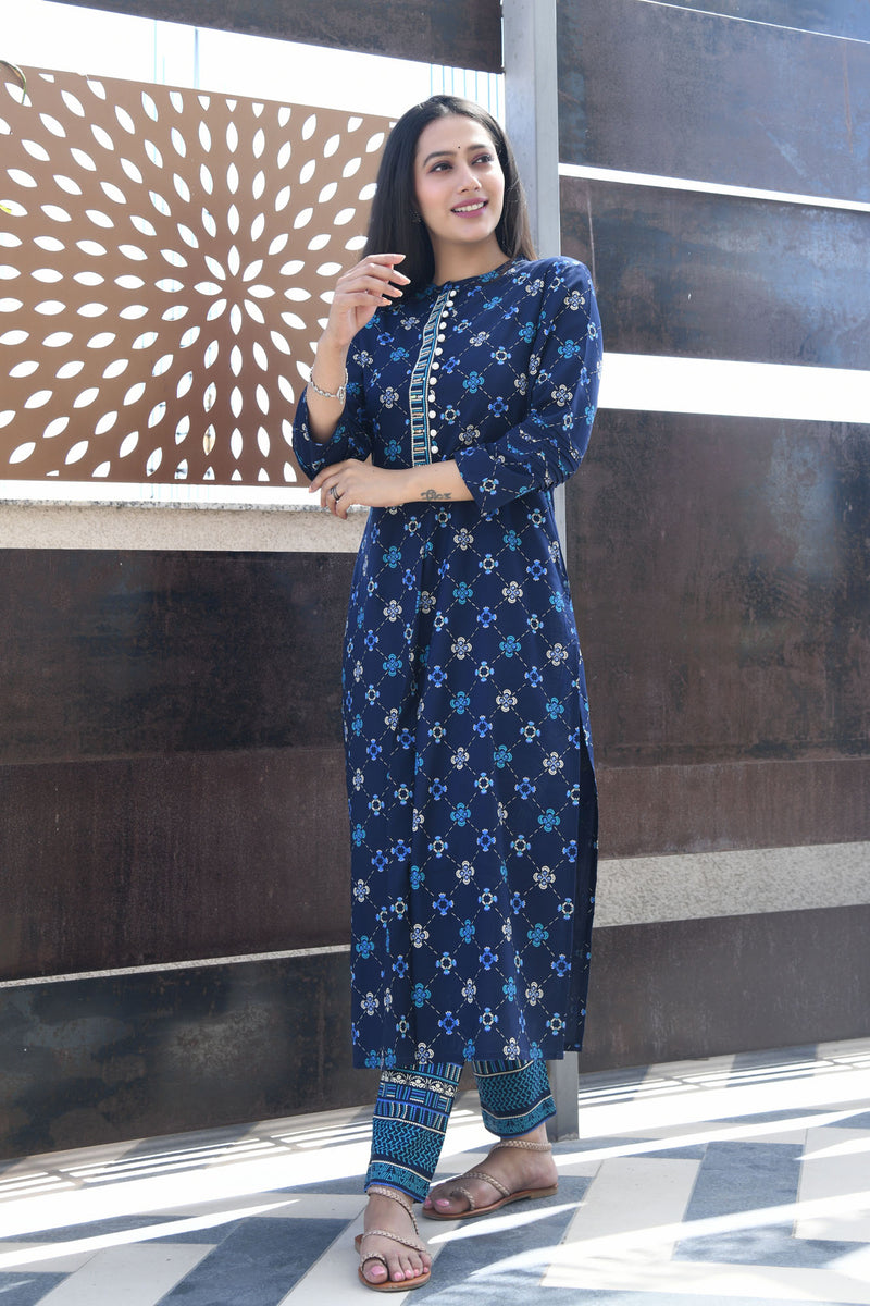 Blue Printed Rayon Kurta with Front Pleat | Aaheli