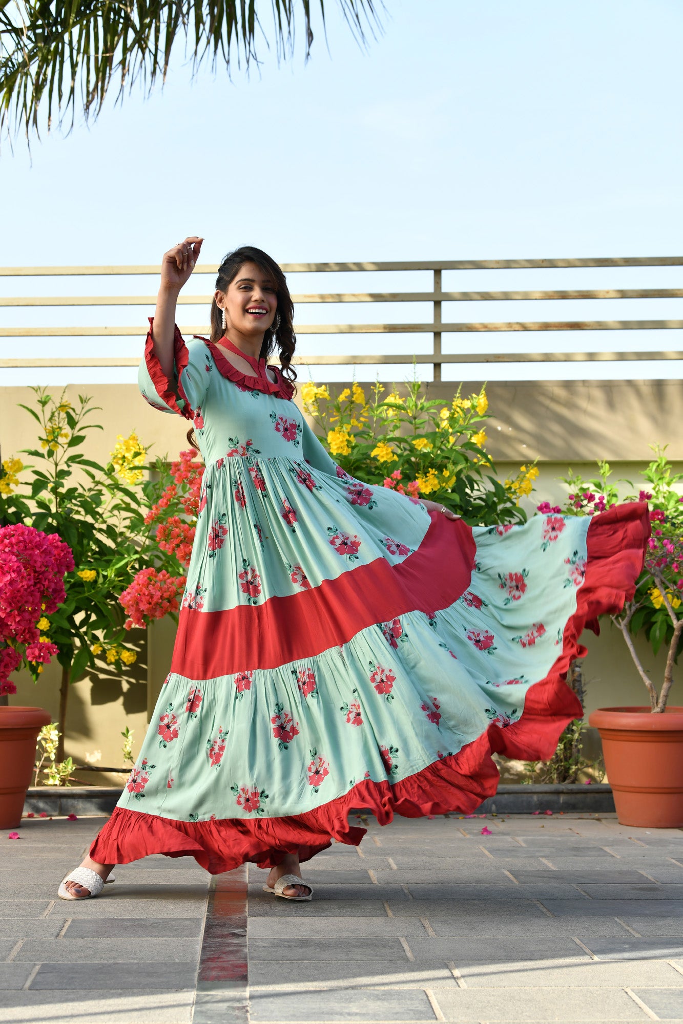 FLORAL NAVY-BLUE PRINTED FLARED DRESS