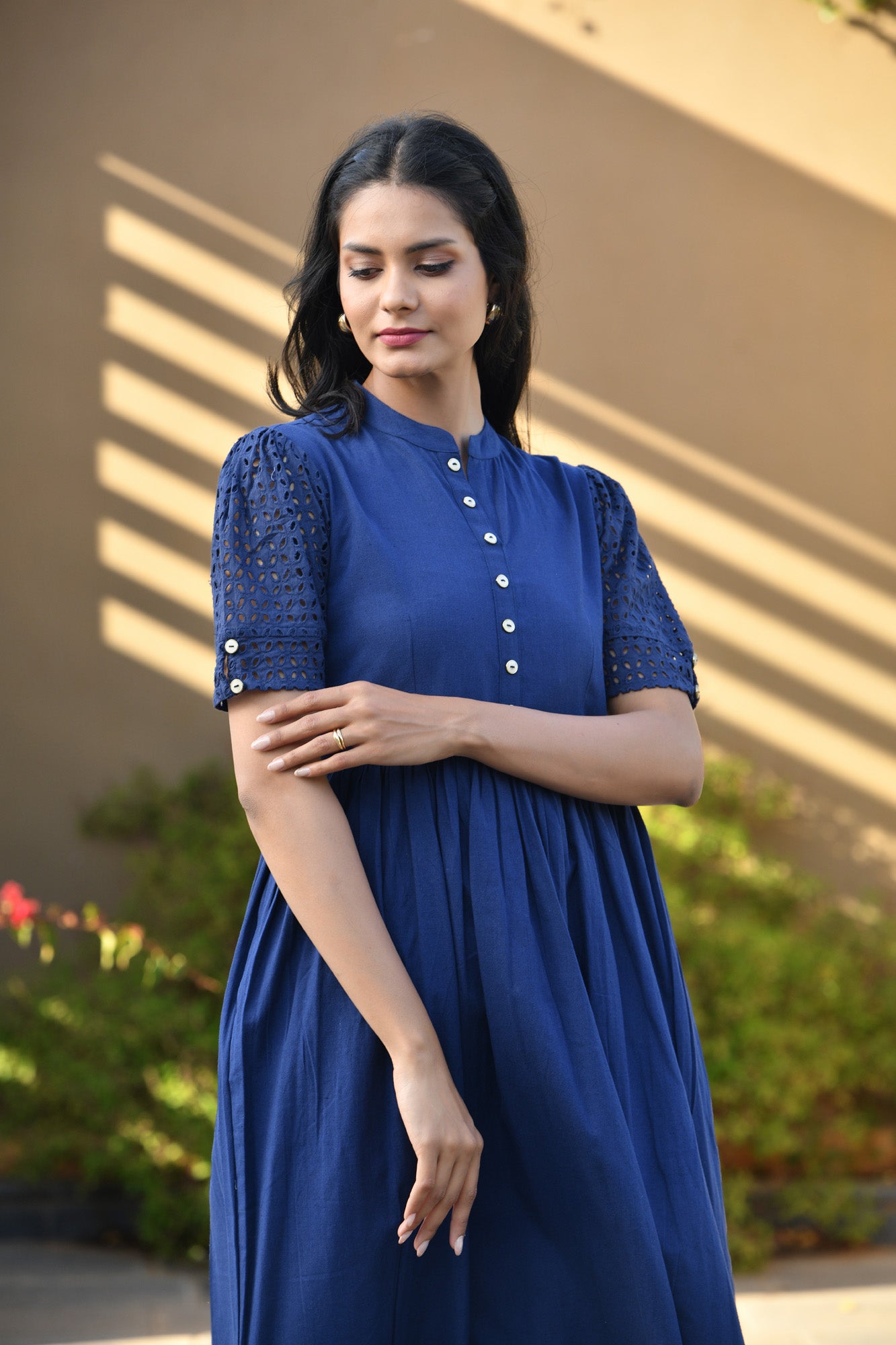 FLORAL NAVY-BLUE PRINTED FLARED DRESS