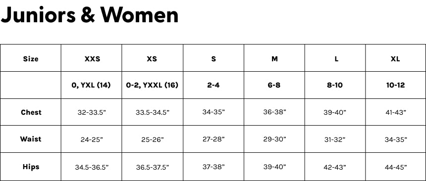 Juniors & Women Size Chart