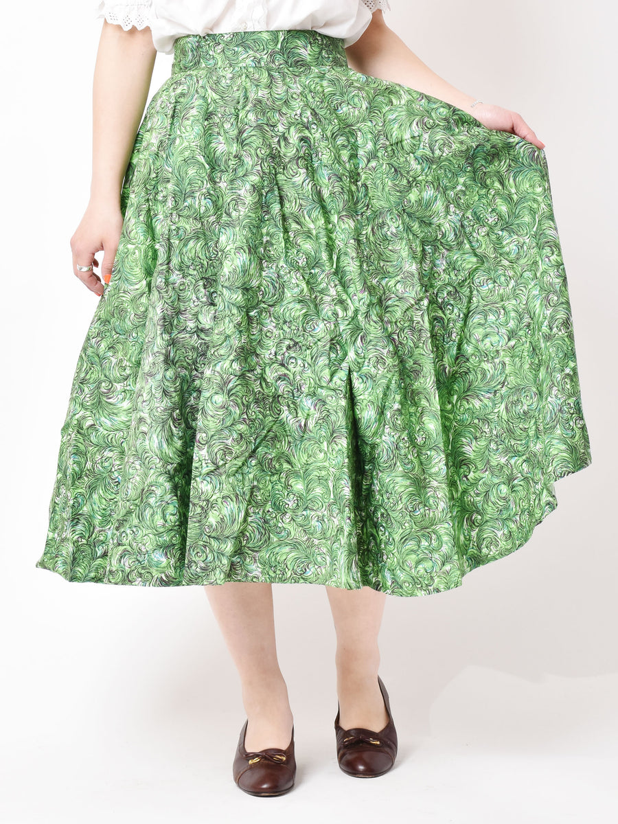 【2色展開】Emerald Motel フェザープリント サーキュラースカート グリーン