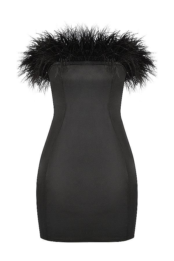 MADDIE Satin Off Shoulder Feather Strapless Mini Dress - Black – MALVI PARIS