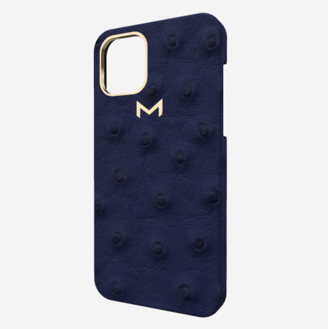 Classic Case for iPhone 13 mini in Genuine Ostrich Navy Blue Yellow Gold 