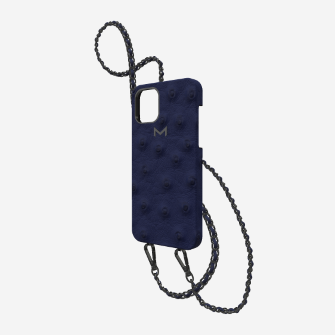 Classic Necklace Case for iPhone 12 mini in Genuine Ostrich Navy Blue Black Plating 