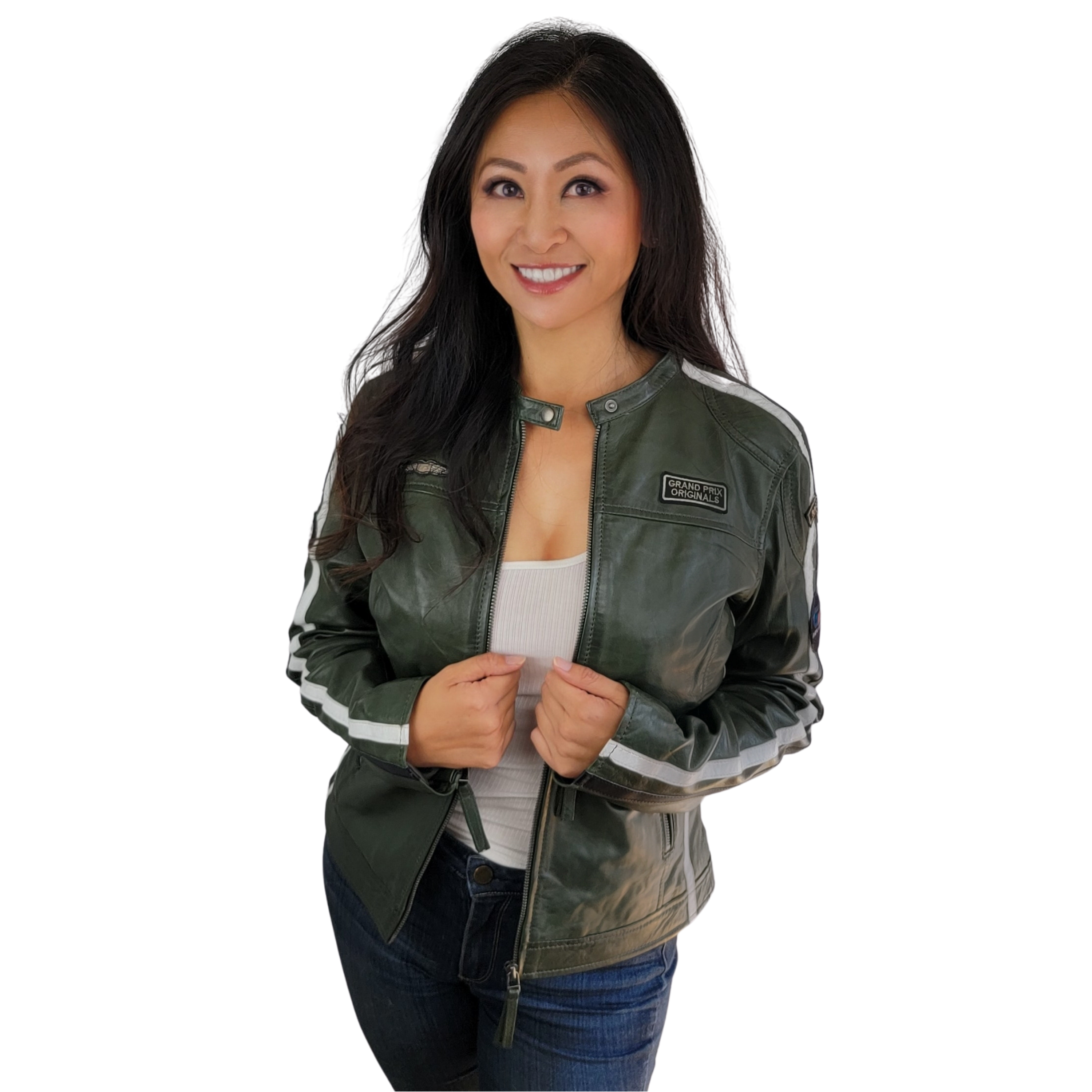 Women's Lambskin Leather Racing Jacket in GP Olive