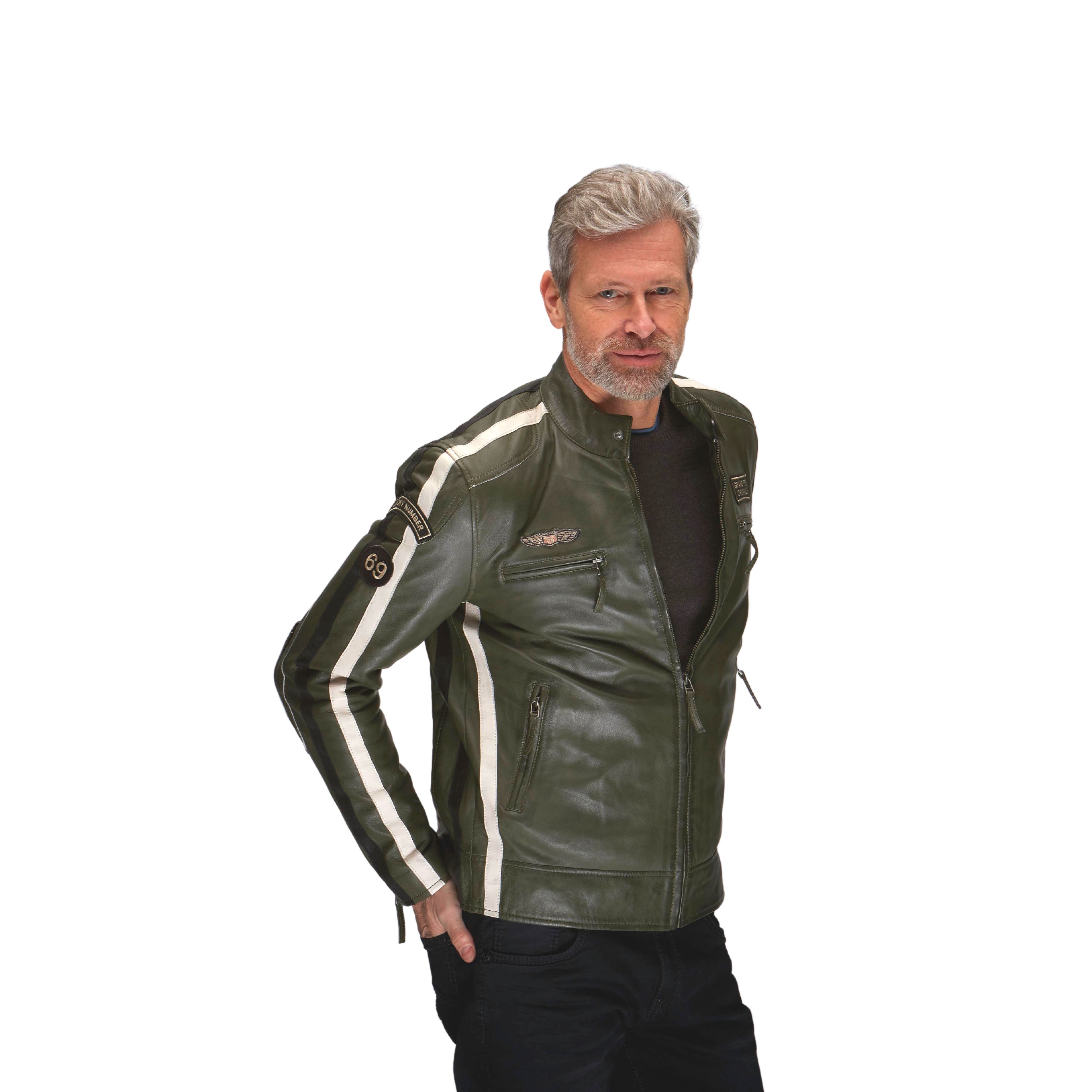 Men's Lambskin Leather Racing Jacket in GP Olive