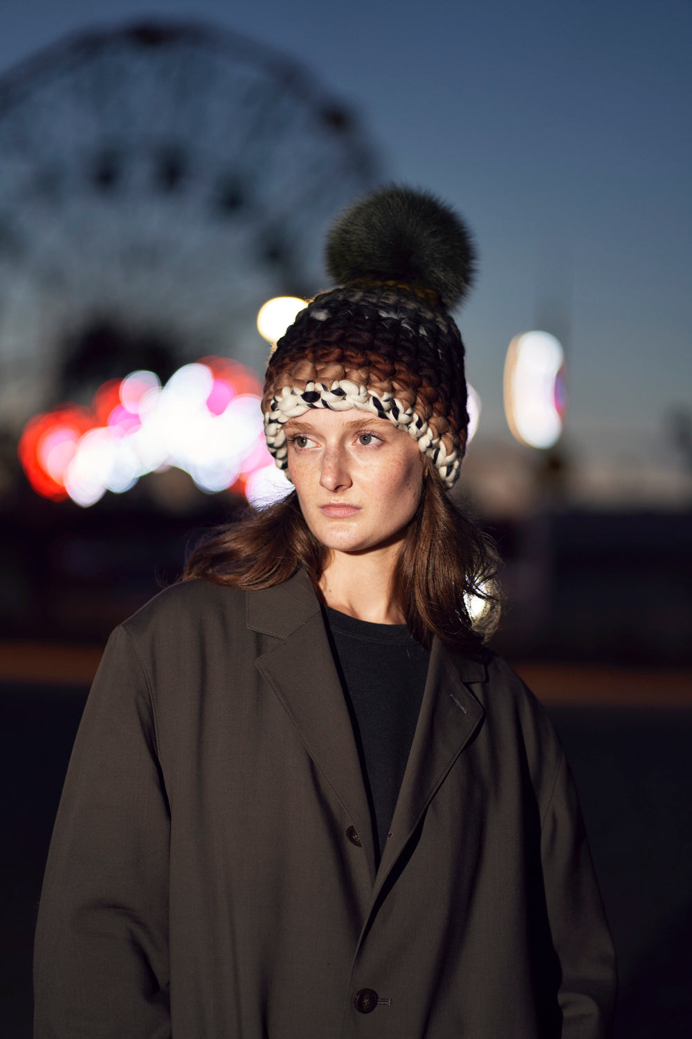 rebecca wears our pine beanie stripe