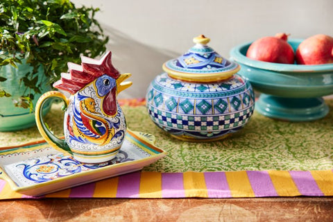 Majolica rooster pitcher, tray, and cannister