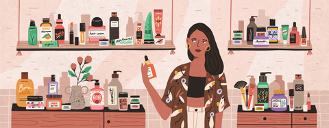 Illustration of woman looking at skincare products