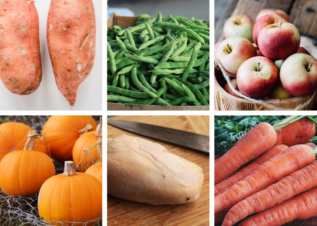 Collage of food that is safe for your dog to eat: Sweet Potatoes, green beans, apples, pumpkin, turkey, carrots