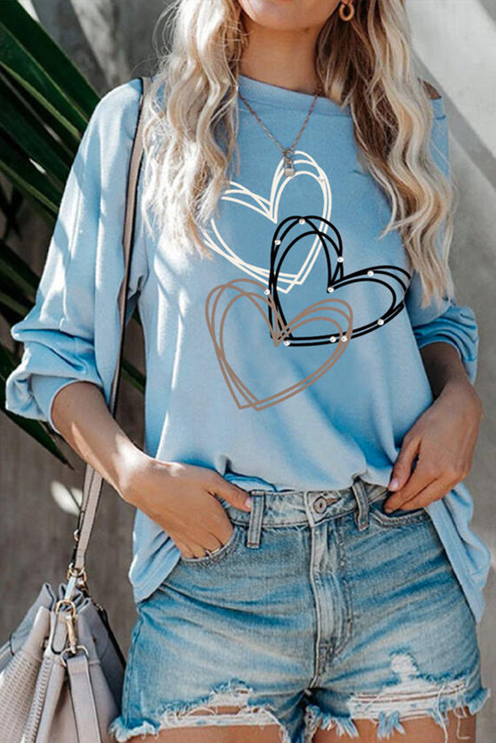 Heart Print Blue Pullover Long Sleeve Top