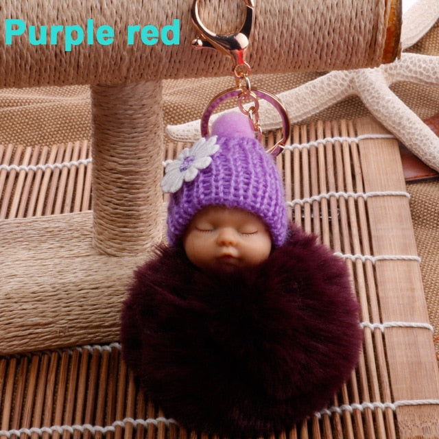 Sleeping Baby Doll Key-chain Pompom Faux Fur Coat