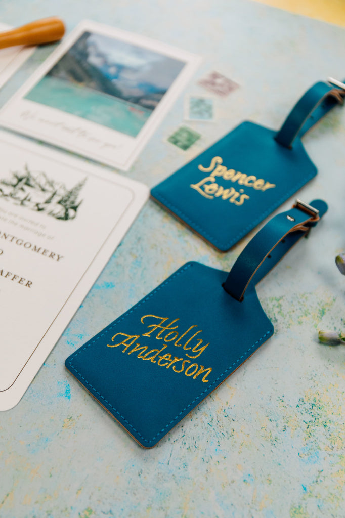 Custom Live Calligraphy services seattle - leather luggage tag gold foil embossing