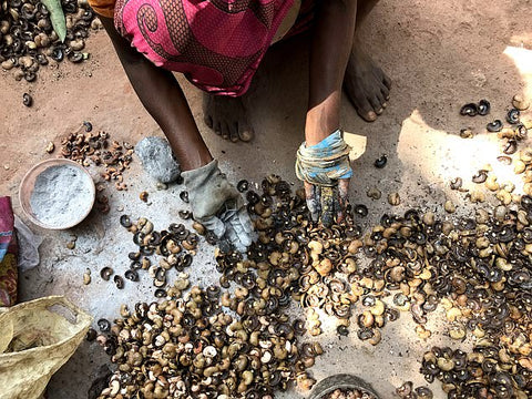 Mujer productora de anacardos entre frutos y cáscaras